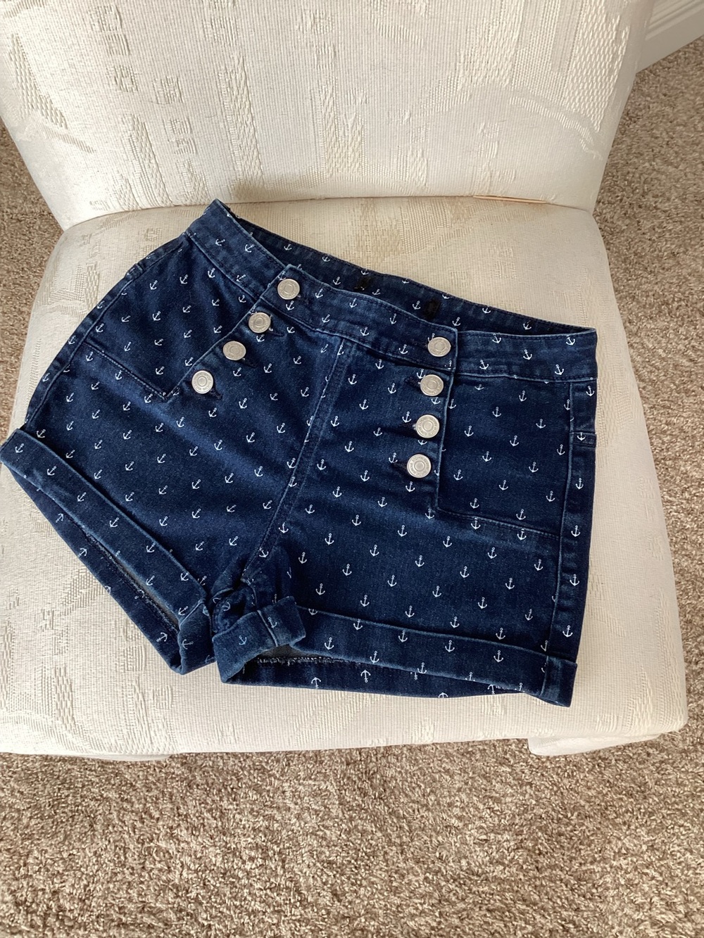 Almost Famous Navy Anchor-Print High-Rise Jean Shorts